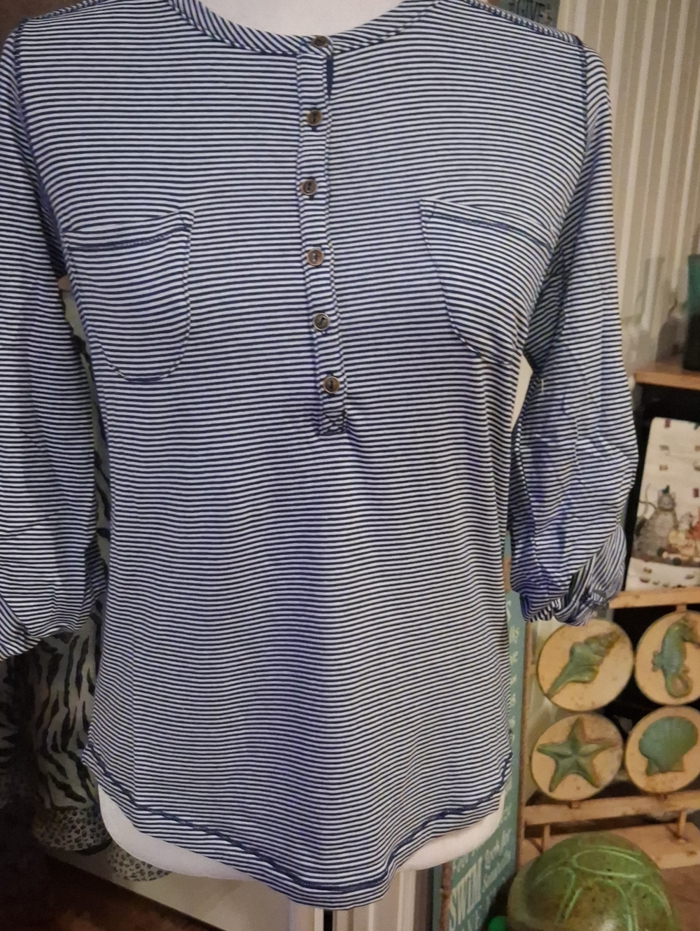 A New Striped Navy and White Soft Tee Shirt By Poof From New York. Size L